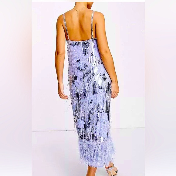 NWT ASOS Lavender, Silver Sequin Floral Midi w/ Faux Feather Hem Size 12 - Picture 4 of 16